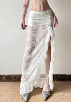 Lace Jacquard See-Through Ruffle Bow Detail Slit Skirt Lace Jacquard See-Through Ruffle Bow Detail Slit Skirt