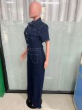 Short Sleeve Washed Denim Wide-Leg Jumpsuit