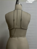 Colorblocked Jewel Pearl Halter Neck Chain Tank Top