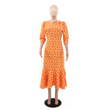 Chic Elegant Printed Three-Quarter Sleeve Casual Midi Dress
