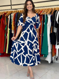 Pleated Printed Summer Short Sleeve Casual Midi Dress