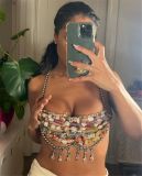 Colorblocked Jewel Pearl Halter Neck Chain Tank Top