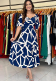 Pleated Printed Summer Short Sleeve Casual Midi Dress