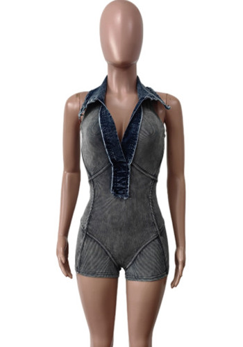 Ribbed Washed Denim Patchwork Cargo Shorts Jumpsuit