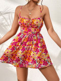 Women's Floral Square Neck Mini Dress Spring Summer Beachwear
