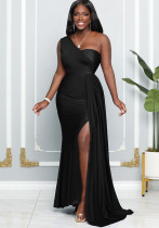 Women Sexy Sleeveless One Shoulder Split Evening Dresses