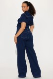 Short Sleeve Washed Denim Wide-Leg Jumpsuit