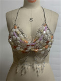 Colorblocked Jewel Pearl Halter Neck Chain Tank Top