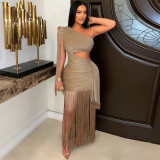 One-Shoulder Asymmetric Tassel Maxi Dress