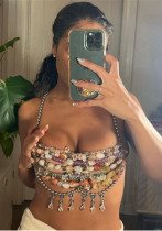 Colorblocked Jewel Pearl Halter Neck Chain Tank Top