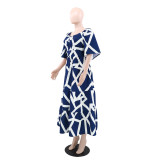 Pleated Printed Summer Short Sleeve Casual Midi Dress