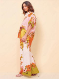 Women Floral Print Short Sleeve Color Block Casual Top and Pant Two Piece Set