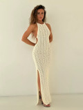 Women Sexy Hollow Backless Slit Halter Neck Lace-Up Knitting Dress Beach Dress