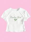 Women Bow Print Short Sleeve Crop Round Neck T-shirt