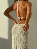 Women Sexy Hollow Backless Slit Halter Neck Lace-Up Knitting Dress Beach Dress
