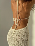 Women Sexy Hollow Backless Slit Halter Neck Lace-Up Knitting Dress Beach Dress