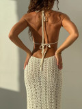 Women Sexy Hollow Backless Slit Halter Neck Lace-Up Knitting Dress Beach Dress