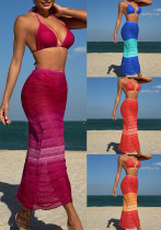 Women gradient mesh beach long skirt sexy bikini bikini Three-Piece