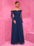 Women Patchwork Chiffon Off Shoulder Lace Evening Dress