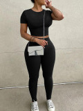 Women Casual Solid Short Sleeve T-Shirt and Pants Two Piece Set