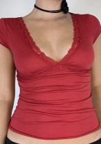 Women Sexy V-Neck Lace Edge Short Sleeve T-Shirt Summer Top