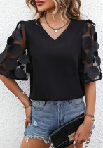 Women Summer Career Solid V-neck Lace Patchwork Short-sleeved Shirt