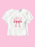 Women Bow Print Short Sleeve Crop Round Neck T-shirt