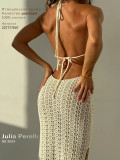Women Sexy Hollow Backless Slit Halter Neck Lace-Up Knitting Dress Beach Dress