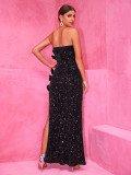 Women Sequin Solid Sleeveless Slit Strapless Dress