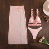 Women solid lace sexy mesh long skirt swimsuit Three-Pieces