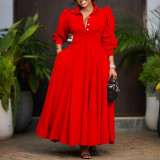 Women Elegant Long Sleeve Solid Maxi African Shirt Dress