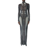 Women Leopard Round Neck Long Sleeve Maxi Dress