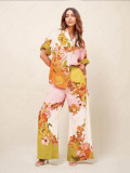 Women Floral Print Short Sleeve Color Block Casual Top and Pant Two Piece Set
