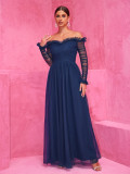 Women Patchwork Chiffon Off Shoulder Lace Evening Dress