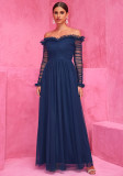 Women Patchwork Chiffon Off Shoulder Lace Evening Dress