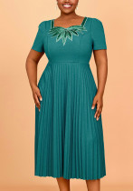 Women Elegant Square Neck Sequin Pleated Dress