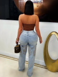 Women Casual Embroidered Denim Straight Pants