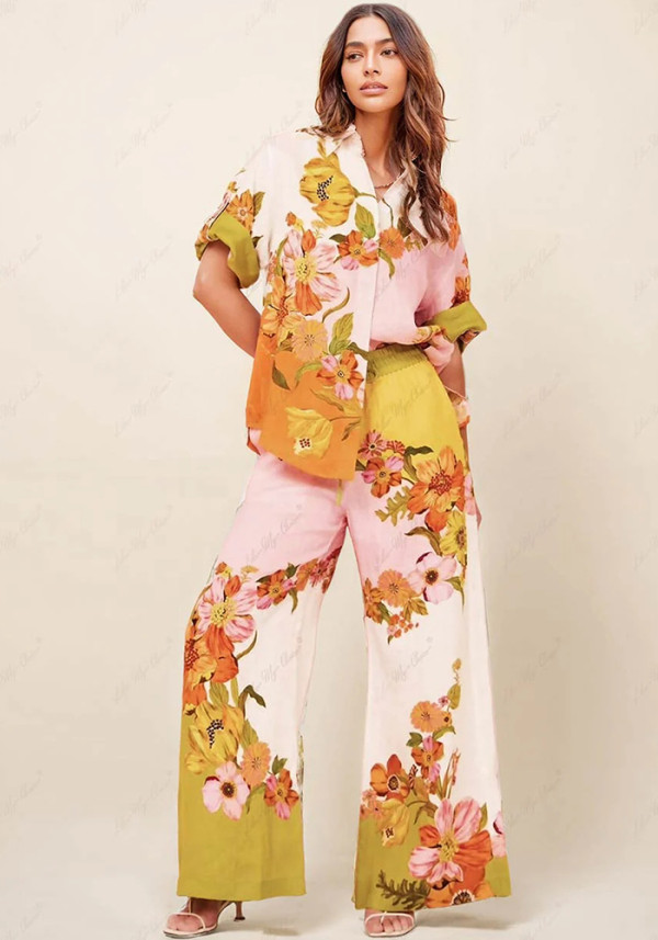 Women Floral Print Short Sleeve Color Block Casual Top and Pant Two Piece Set