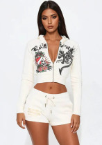 Women Casual Zipper Hooded Printed Top and Shorts Two Piece Set