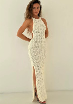 Women Sexy Hollow Backless Slit Halter Neck Lace-Up Knitting Dress Beach Dress