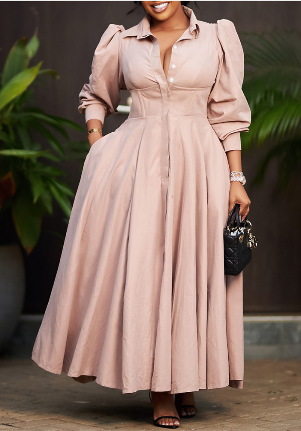 Women Elegant Long Sleeve Solid Maxi African Shirt Dress