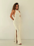 Women Sexy Hollow Backless Slit Halter Neck Lace-Up Knitting Dress Beach Dress