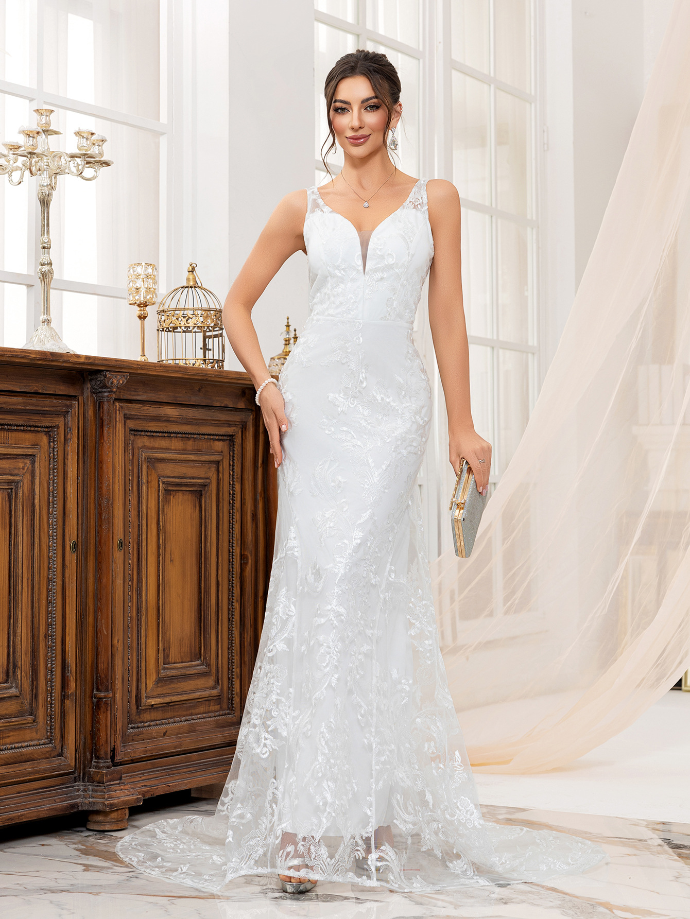 Women's White Lace Wedding Dress Bridal Gown