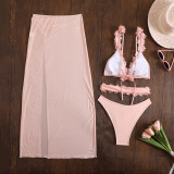 Women solid lace sexy mesh long skirt swimsuit Three-Pieces