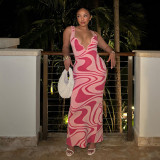 Women Spring and Summer Metal Irregular Neck Printed Hollow Strap Dress