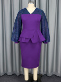 Women Elegant Lantern Sleeve Ruffled Bodycon Party Dress