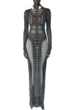 Women Leopard Round Neck Long Sleeve Maxi Dress
