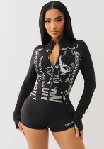 Women's Fashion Printed Long Sleeve Two Piece Shorts Set