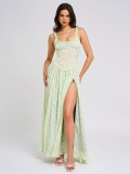 Women Sexy Floral Strap High Slit Long Dress