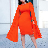 Women's Fashion Solid Color Round Neck Pleated Shawl Sleeve Formal Party Evening Dress